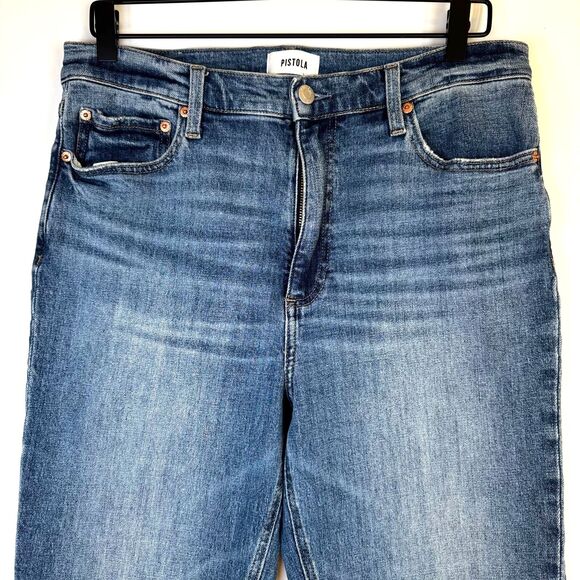Pistola Jeans Womens 31 Blue Bootcut Flare Stretch Mid Rise Denim Raw Hem - Picture 2 of 16
